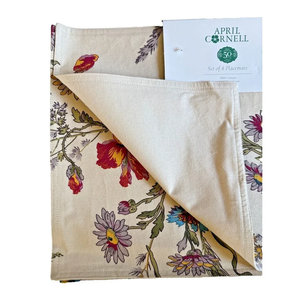 April Cornell Placemats Wildflower Beige Set of 4 100% Cotton 14x19 Thanksgiving